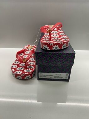 Tory Burch Red Floral Platform Flip Flop Wedges NIB